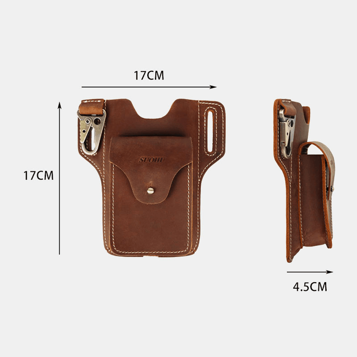 Men Genuine Leather Multifunction Keychain Sport Waist Bag Retro 6.5 Inch Phone Bag Waterproof Belt Bag - MRSLM