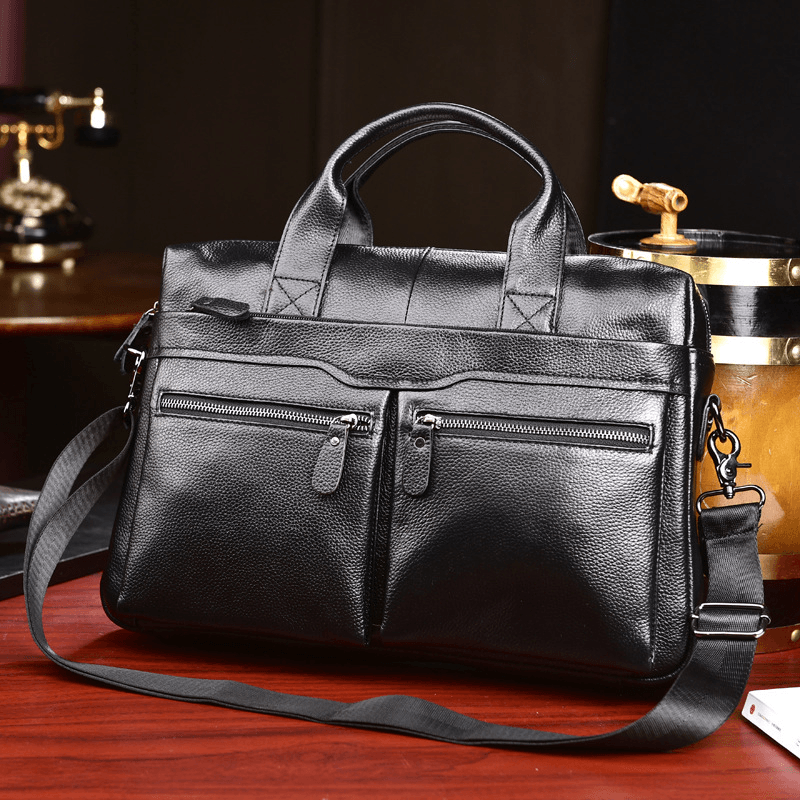 Men Genuine Leather Business Multi-Carry 14 Inch Laptop Bag Briefcase Crossbody Bag Shoulder Bag - MRSLM