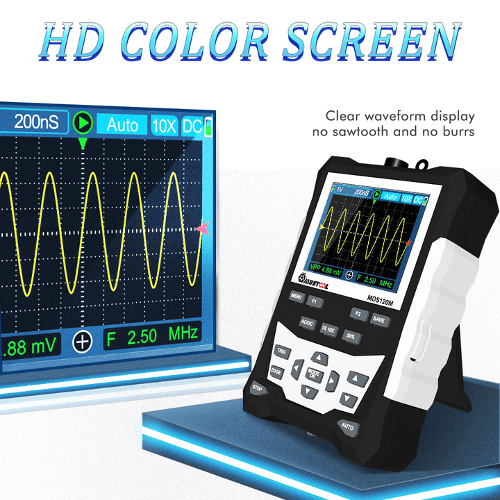 MUSTOOL MDS120M Professional Digital Oscilloscope 120Mhz Analog Bandwidth 500Ms/S Sampling Rate 320X240 LCD Screen Support Waveform Storage with Backlight - MRSLM