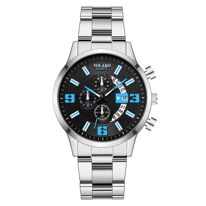 YOLAKO Men Watch Alloy Causal Stainless Steel Band Calendar Digital Quartz Watch - MRSLM