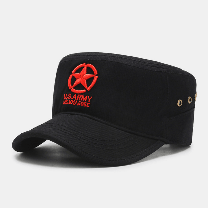 Men Five-Pointed Star Letter Pattern Embroidery Flat Top Cap Outdoor Casual Spring Autumn Sunshade Military Cap Cadet Army Caps - MRSLM