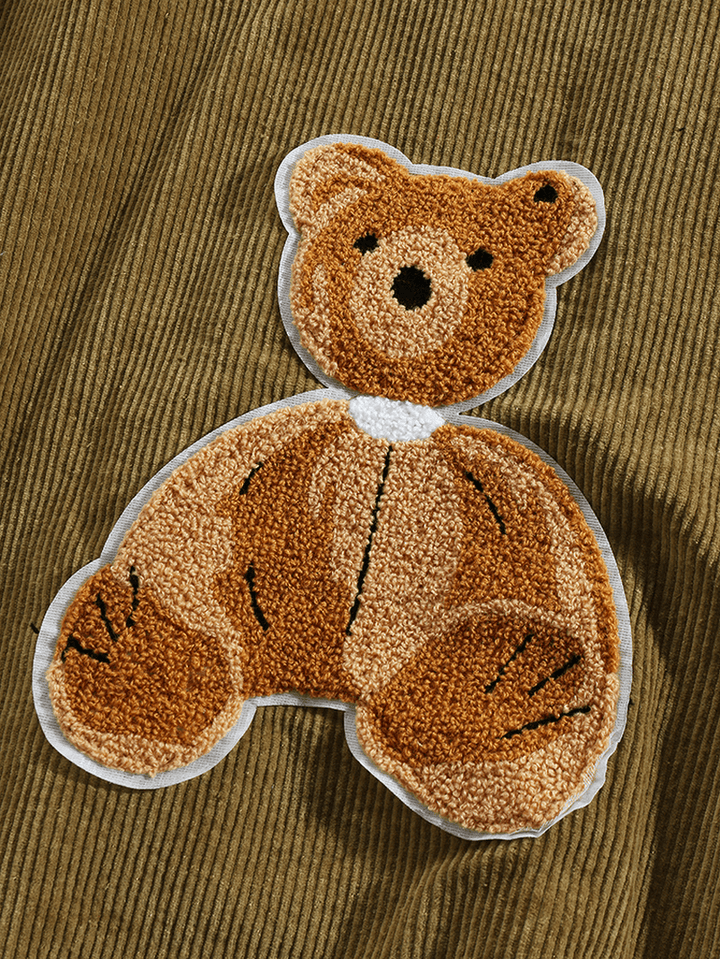 Mens Corduroy Doll Bear Back Applique Baseball Collar Jakcet with Pocket - MRSLM