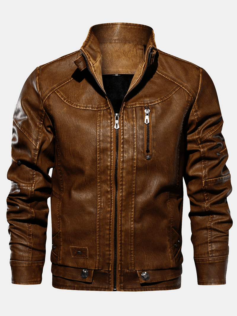 Mens Zipper Pocket Stand Collar PU Leather Motorcycle Jacket - MRSLM