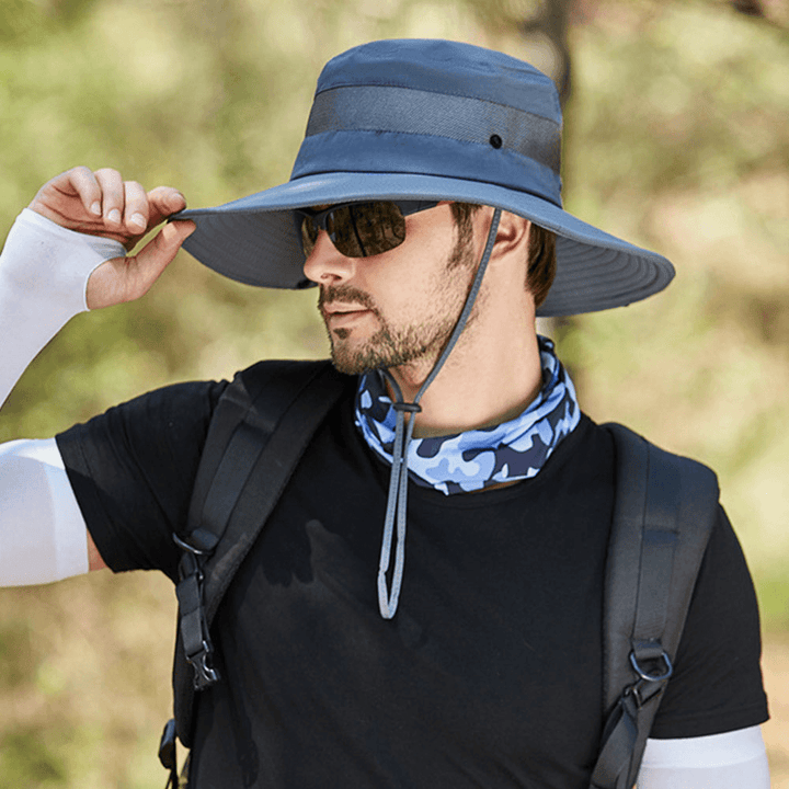 Men Breathable Mesh Big Brim Outdoor Fishing Climbing UV Protection Sunshade Waterproof Bucket Hat - MRSLM