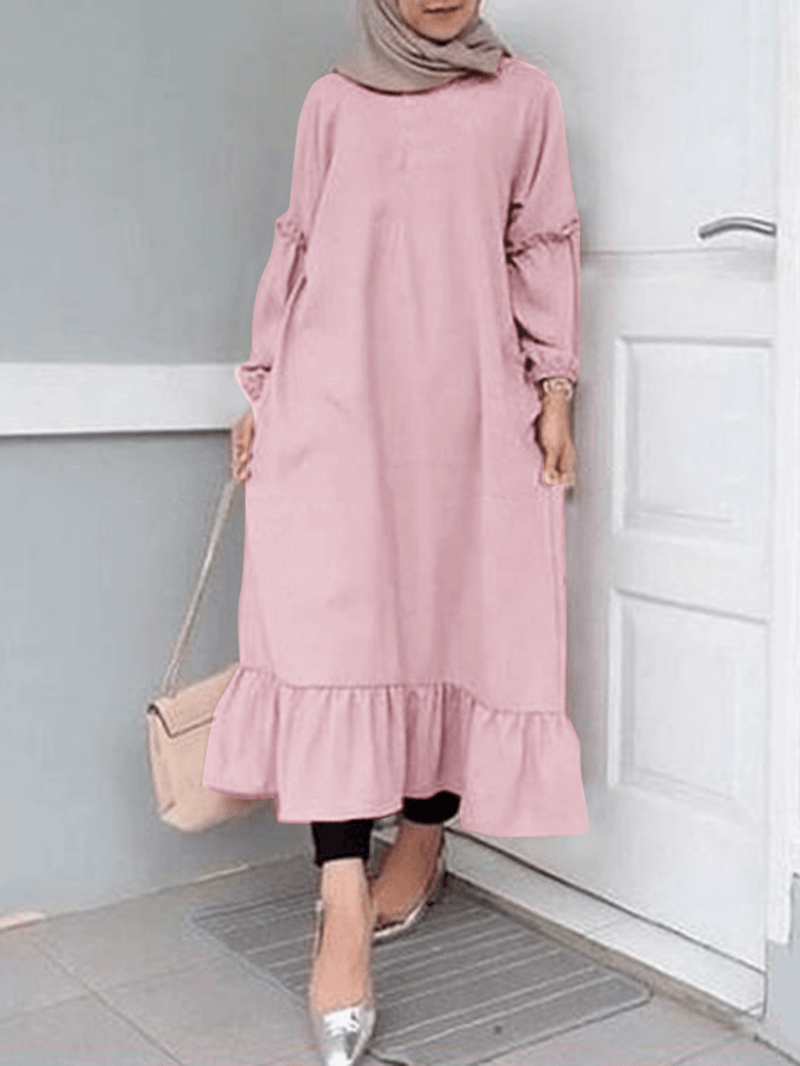 Women Ruffle Hem Trim Solid Color O-Neck Casual Elastic Cuff Shirt Maxi Dress with Pockets - MRSLM