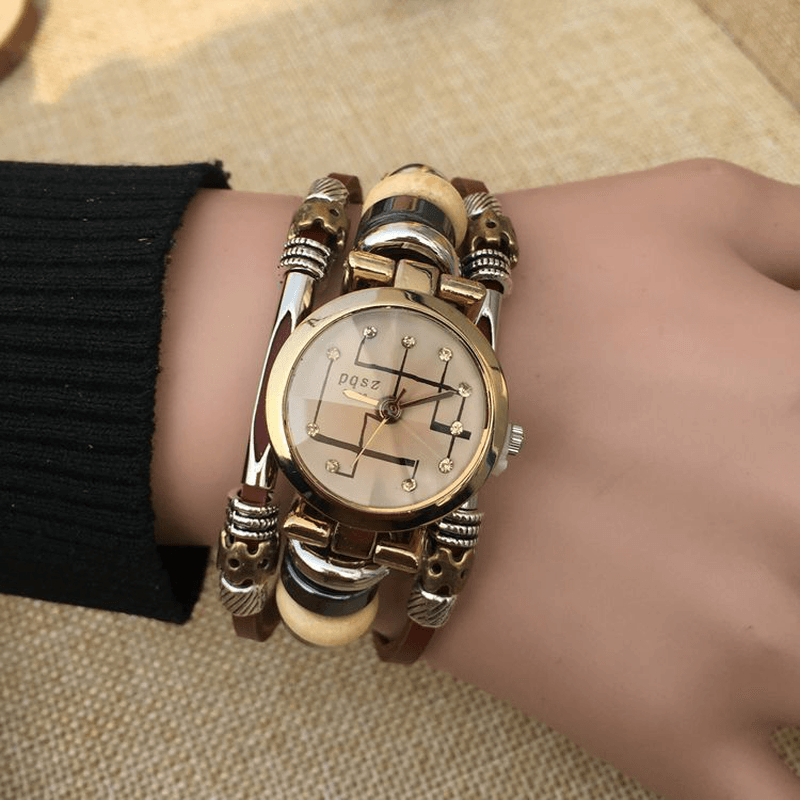 B15 Fashion Rhinestone Stainless Steel Buckle Leather Strap Couple Quartz Watch Bracelet Watch - MRSLM