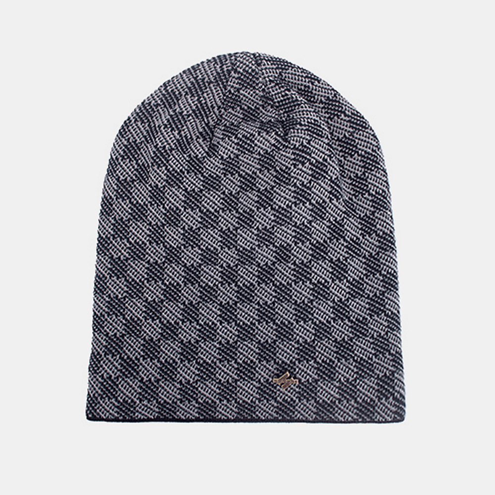 Men Knitted plus Velvet Lattice Jacquard Letter Iron Label Brimless Beanie Hat - MRSLM