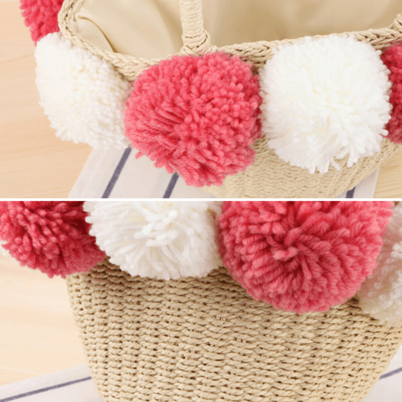 Women Travel Woven Beach Bag Cute Contrast Plush Ball Straw Handbag - MRSLM