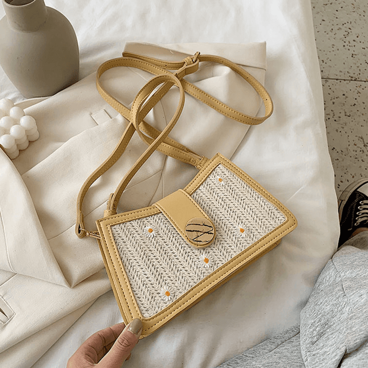 Women Patchwork PU Straw Soild Daisy Shoulder Bag Handbag - MRSLM