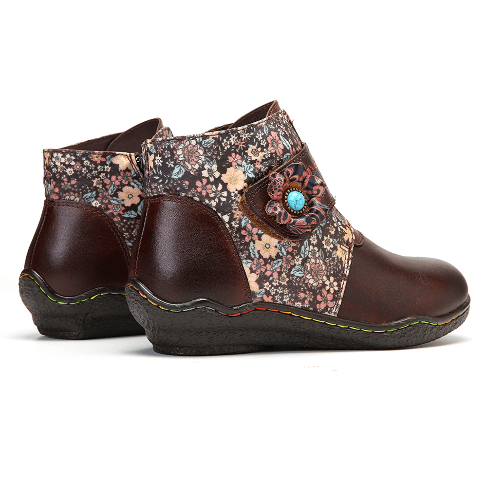 Retro Small Flowers Colorful Stitching Soft Leather Boots - MRSLM