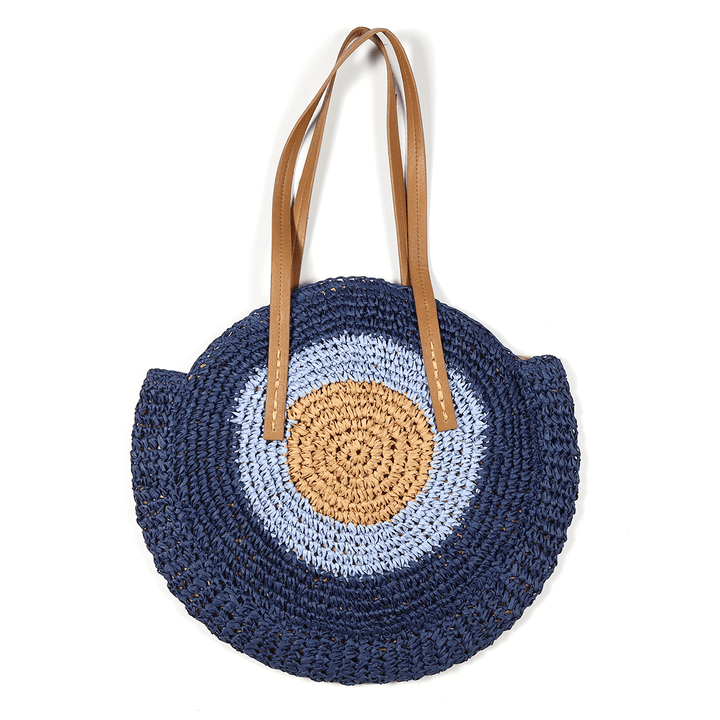 Women Beach round Straw Bag Bucket Rattan Woven Handbag Shoulder Bag Outdoor Travel - MRSLM