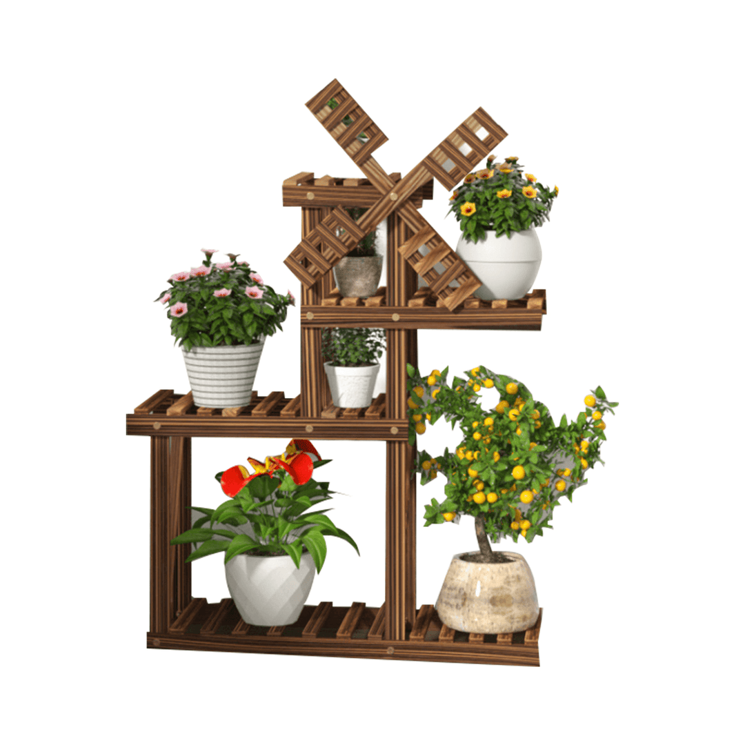 Wooden Plant Stand Windmill-Shape Flower Pots Organizer Shelf Display Rack Holder Bookshelf for Indoor Outdoor Patio Garden Corner Balcony Living Room - MRSLM