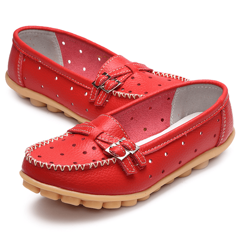 Women Flat Hollow Out Casual Soft Leather Slip on round Toe Loafers - MRSLM