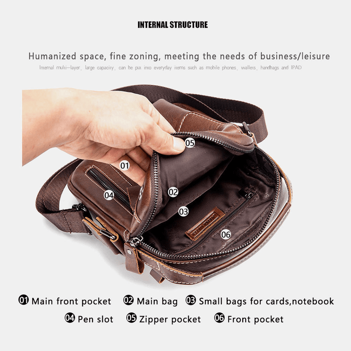 Men Genuine Leather Wear-Resistant Headphone Hole Multi-Pocket Vintage Crossbody Bag Shoulder Bag - MRSLM