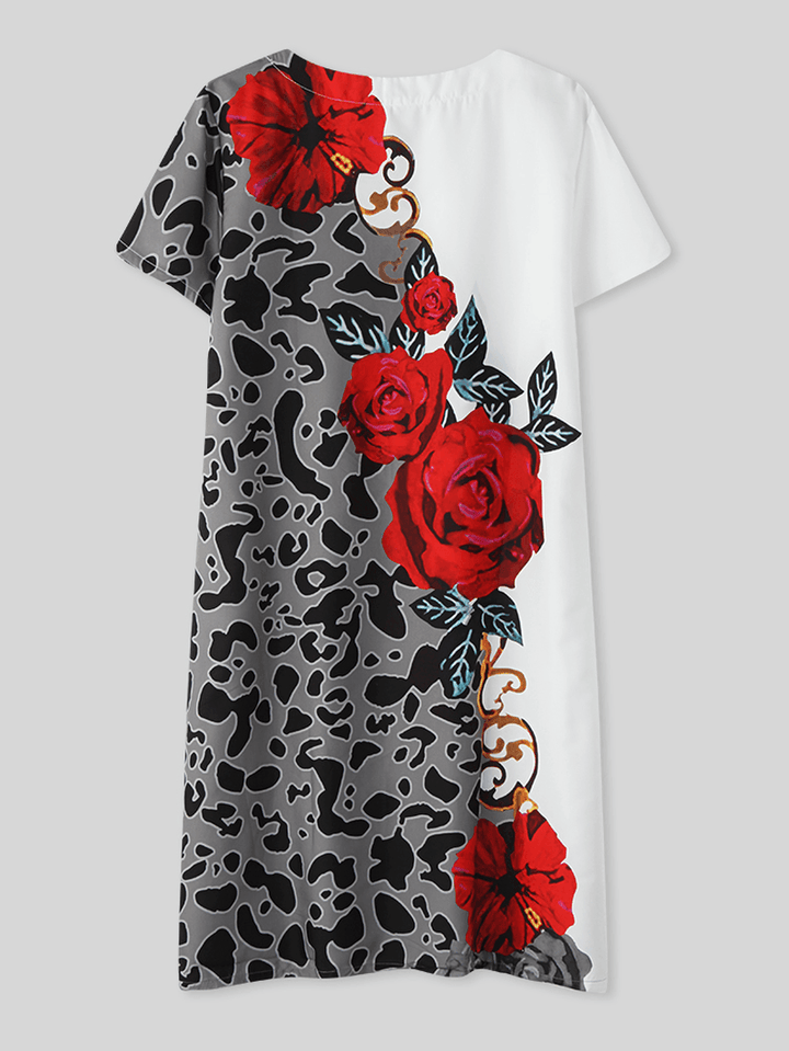 Women Leopard Floral Print V-Neck Casual Short Sleeve Dress - MRSLM