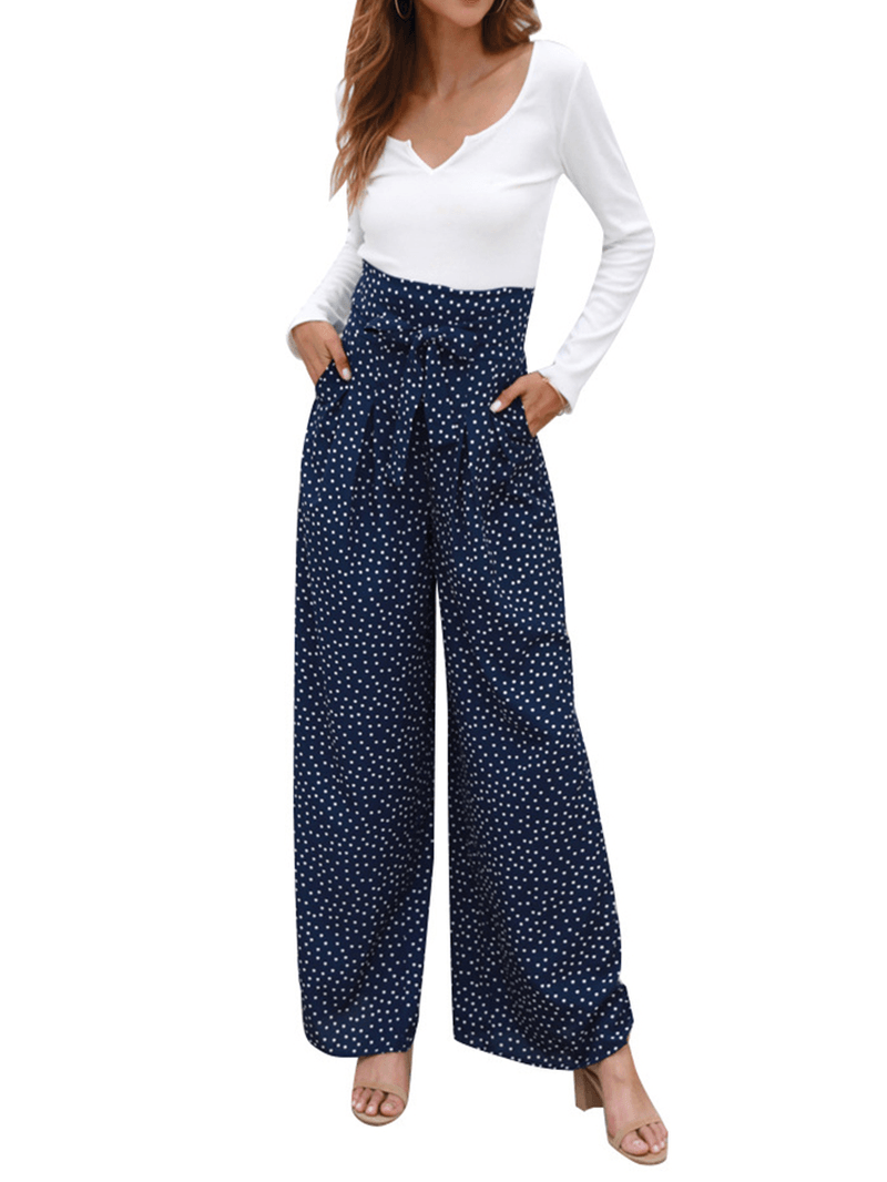 Casual Polka Dot Print High Waist Bow Wide Pants with Pocket - MRSLM