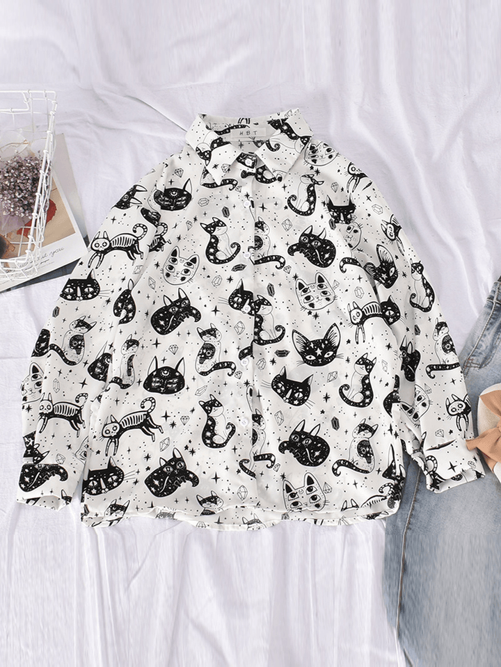 Women Casual Cartoon Cat Funny Print Turn-Down Collar Long Sleeve Button Shirts - MRSLM