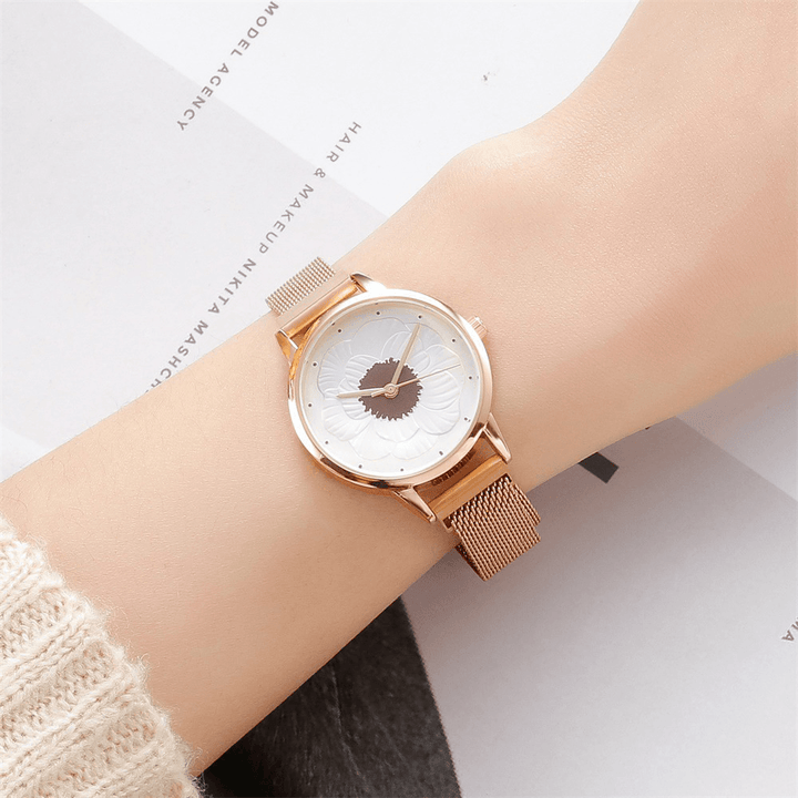 KH019 Fashion Elegant 3D Flower Pattern Magnetic Buckle Milanese Mesh Steel Strap Ladies Wristwatches Quartz Watch - MRSLM