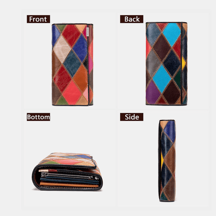 Women Genuine Leather Bifold Colored Geometric Pattern Multi-Card Slot Card Case Money Clip Coin Purse Long Clutch Wallets - MRSLM