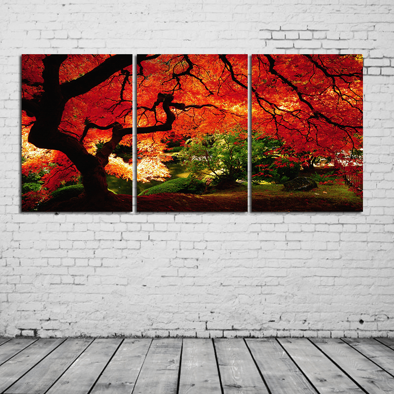 Miico Hand Painted Three Combination Decorative Paintings Maple Tree Wall Art for Home Decoration - MRSLM