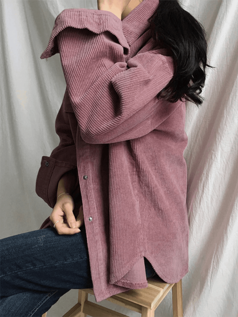 Women Corduroy Solid Long Sleeve Casual Lapel Coat with Front Pockets - MRSLM