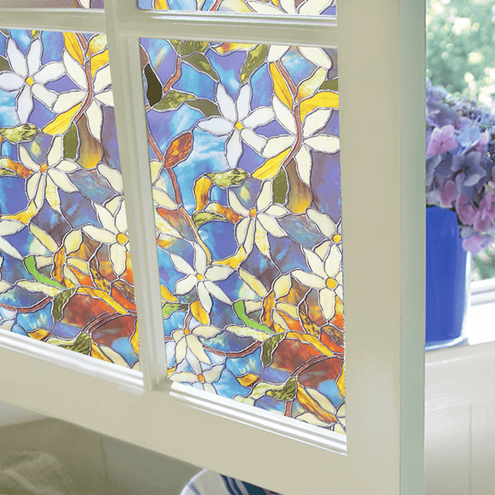 78X18In Window Film Colored Flowers Glass Sticker Bathroom Privacy Home Decoration - MRSLM