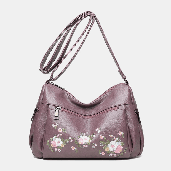 Women Ethnic Flower Embroidered Large Capacoty Crossbody Bag Vintage Texture Hardware Waterproof Breathable Soft Leather Shoulder Bag - MRSLM