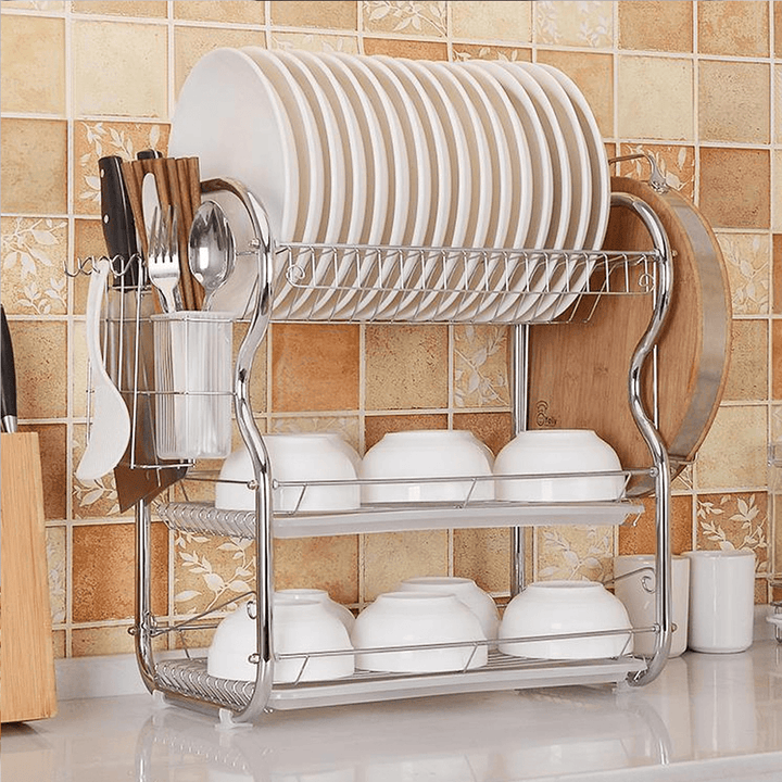 3 Tier Chrome Dish Drying Rack Drainer Cutlery Cups Holder Drip Kitchen Storage Arrangement for Dishes - MRSLM