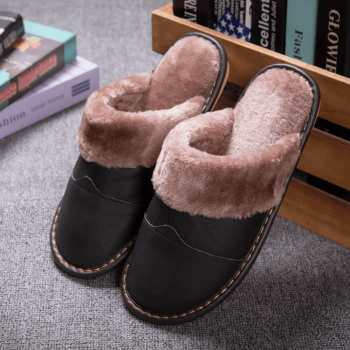 Men First Layer Cowhide Non-Slip Warmeh round Toe Slip-On Comfy Cotton Slippers - MRSLM