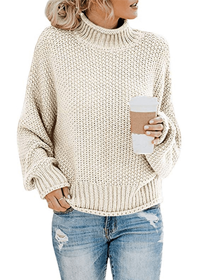 Casual Loose Long Sleeve High Collar Solid Color Pullover Sweaters for Women - MRSLM