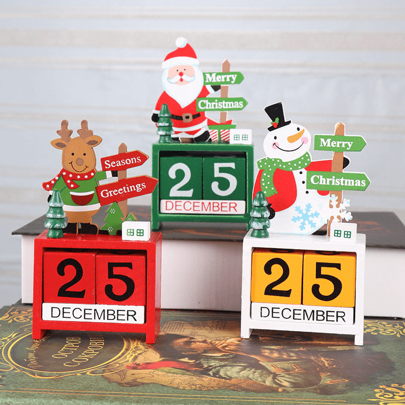 Christmas Advent Countdown Calendar Wooden Santa Claus Snowman Reindeer Pattern with Painted Blocks Holiday Home Decorations - MRSLM