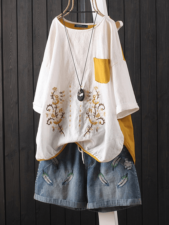 Women Short Sleeve Crew Neck Embroidery Patch Blouse - MRSLM