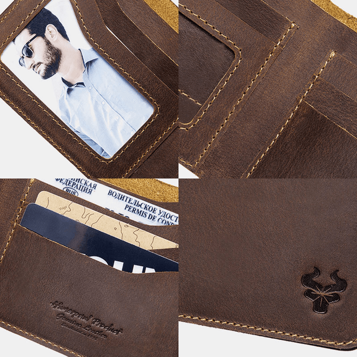 Men Genuine Leather Super Light Bifold Open Retro Short RFID Anti-Theft Cowhide Card Holder Coin Wallet - MRSLM