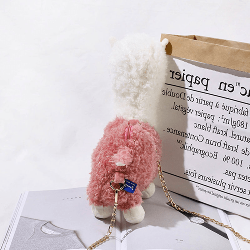 Women Lamb Wool Cute Cartoon 3D Alpaca Shape Soft Creative Small Shoulder Bag Crossbody Bag with Chain - MRSLM
