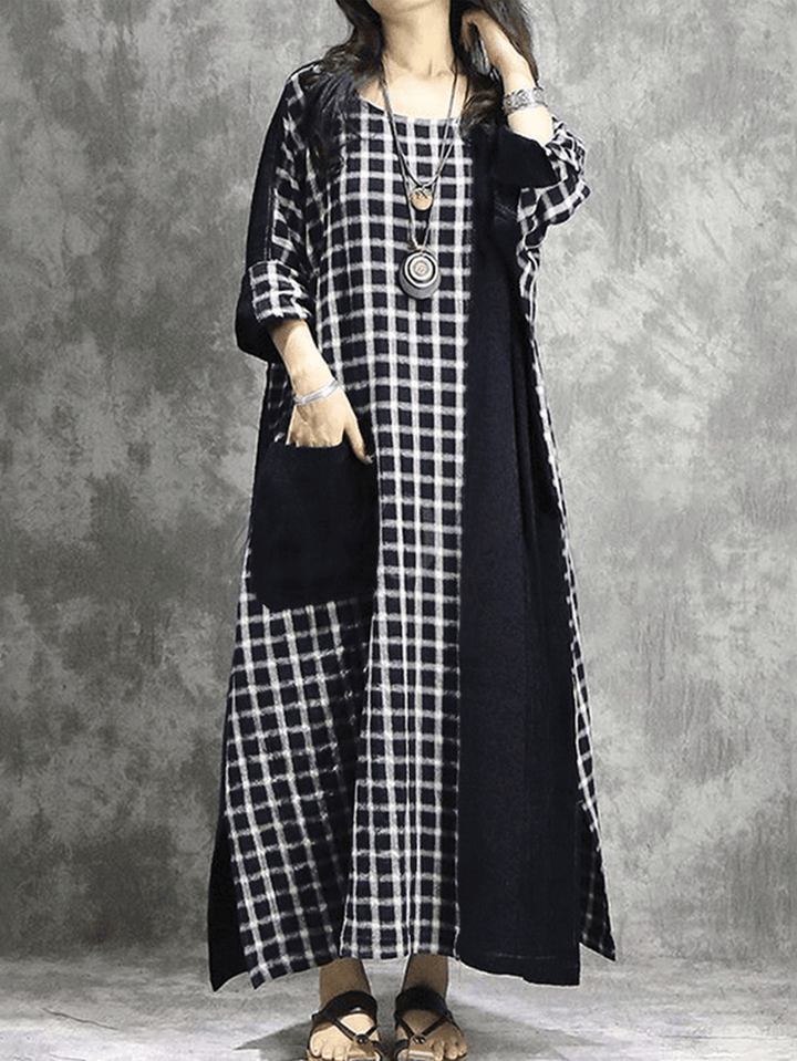 Plaid Patchwork round Neck Long Sleeve Casual Maxi Dress - MRSLM