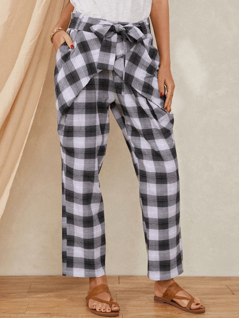 Plaid Print Knotted Pocket High Waist Loose Casual Pants for Women - MRSLM