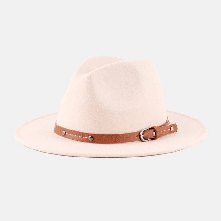 Unisex British Style Leather Belt Buckle Flat Brim Top Hat Fashion Outdoor Wide Brim Felt Hat - MRSLM