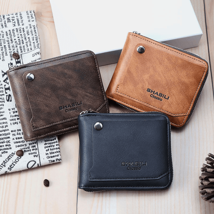 Men Faux Leather Retro Classical Draw Card Slot Bifold Zipepr Card Holder Wallet - MRSLM