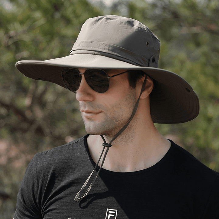 Men Dual-Use Anti-Uv Bucket Hat Big Brim Windproof Rope Adjustable Outdoor Fishing Sunshade Hat - MRSLM