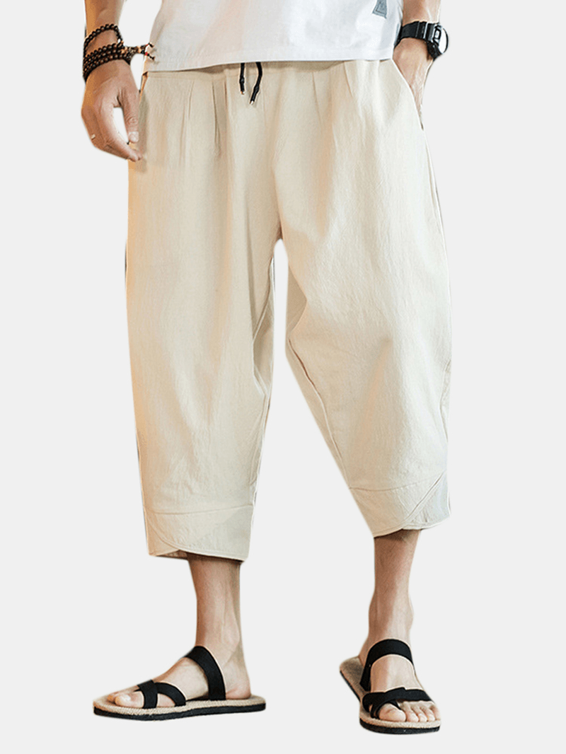 Baggy Linen Calf-Length Wide Leg Pants - MRSLM