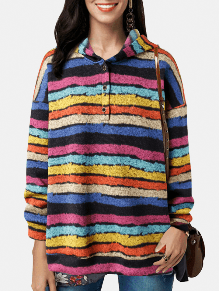 Women Half Button Colorful Horizontal Stripe Long Sleeve Casual Hoodies - MRSLM