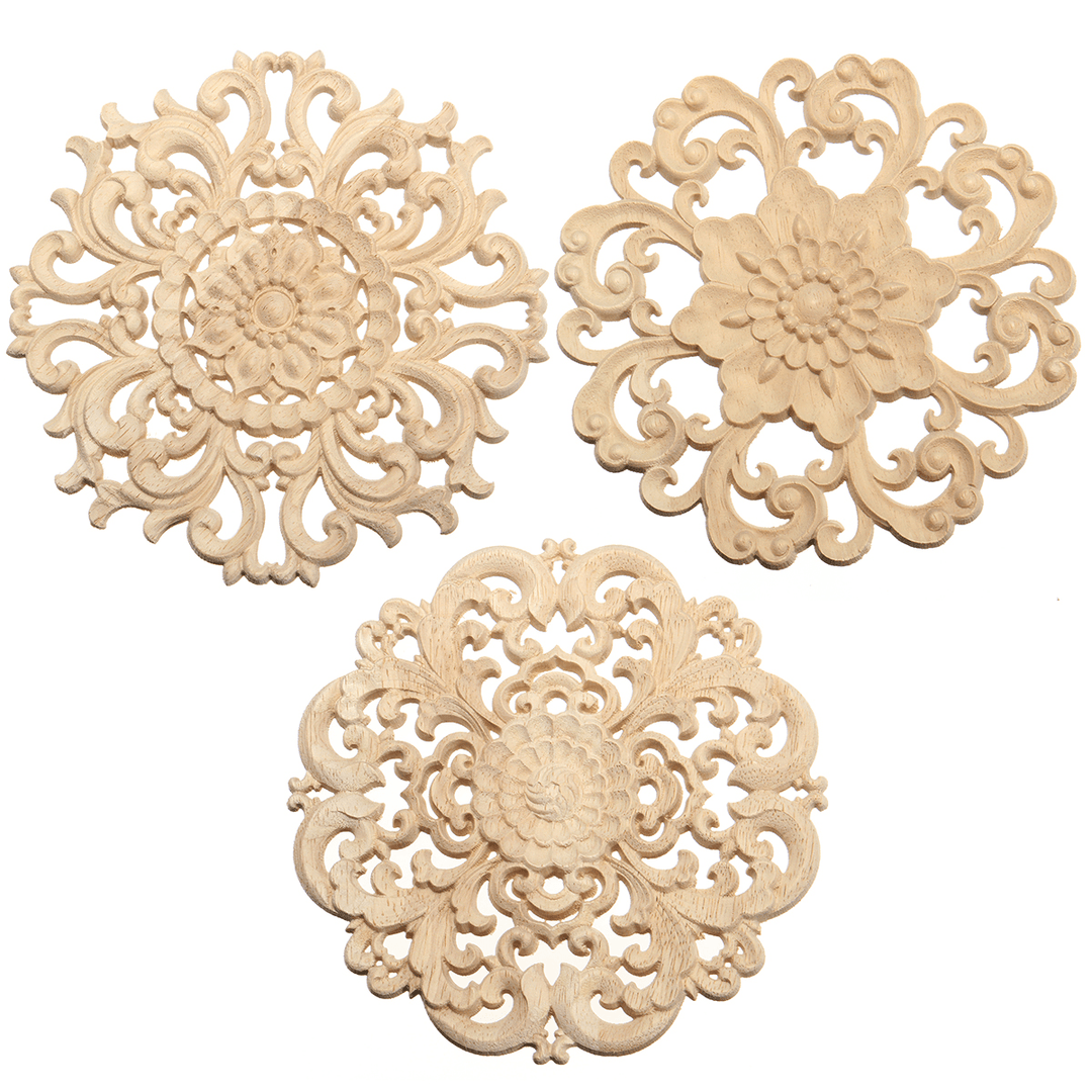 Wood Carved Onlay Applique Unpainted Flower Pattern Furniture Frame Door Decor 15Cm - MRSLM