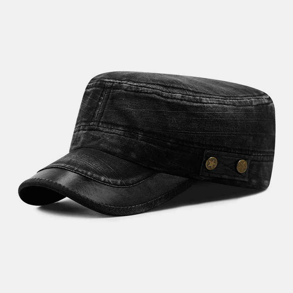 Men Made-Old Denim Stars Rivet Pattern Breathable Sunvisor Military Hat Flat Hat Peaked Cap - MRSLM