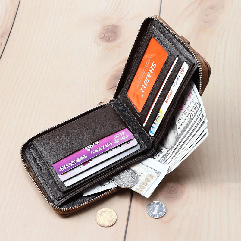 Men Faux Leather Retro Classical Draw Card Slot Bifold Zipepr Card Holder Wallet - MRSLM