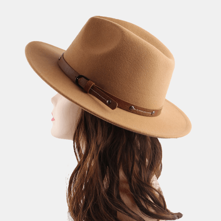 Unisex British Style Leather Belt Buckle Flat Brim Top Hat Fashion Outdoor Wide Brim Felt Hat - MRSLM