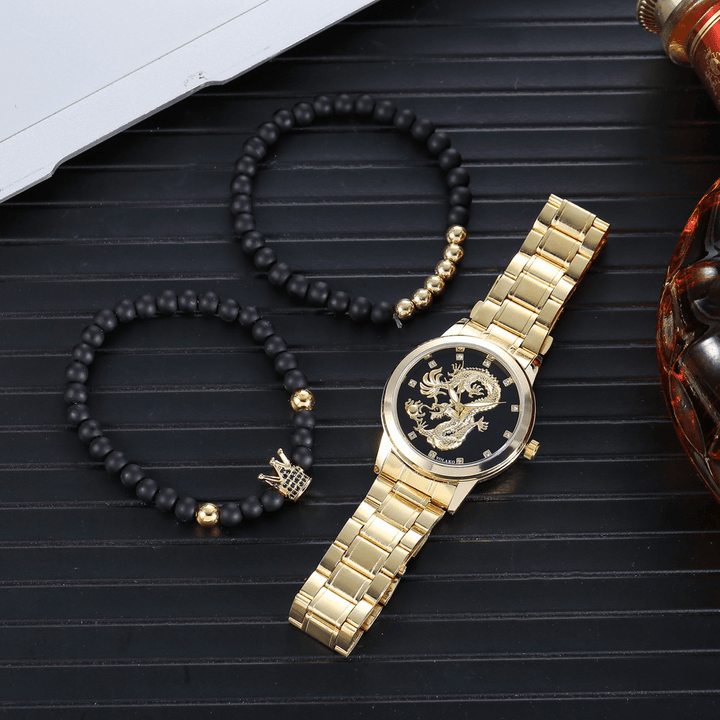 Alloy Stainless Steel Dragon Pattern Men Business Watch Decorated Pointer Quartz Watch Bracelet - MRSLM