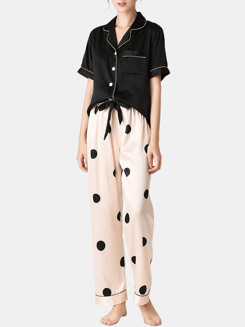 Women Black Revere Collar Short Sleeve Top Polka Dot Pants Faux Silk Home Pajama Set - MRSLM