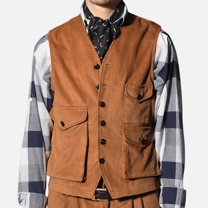 Mens Retro Corduroy Vest Multi Pockets Sleeveless Coat Tops - MRSLM