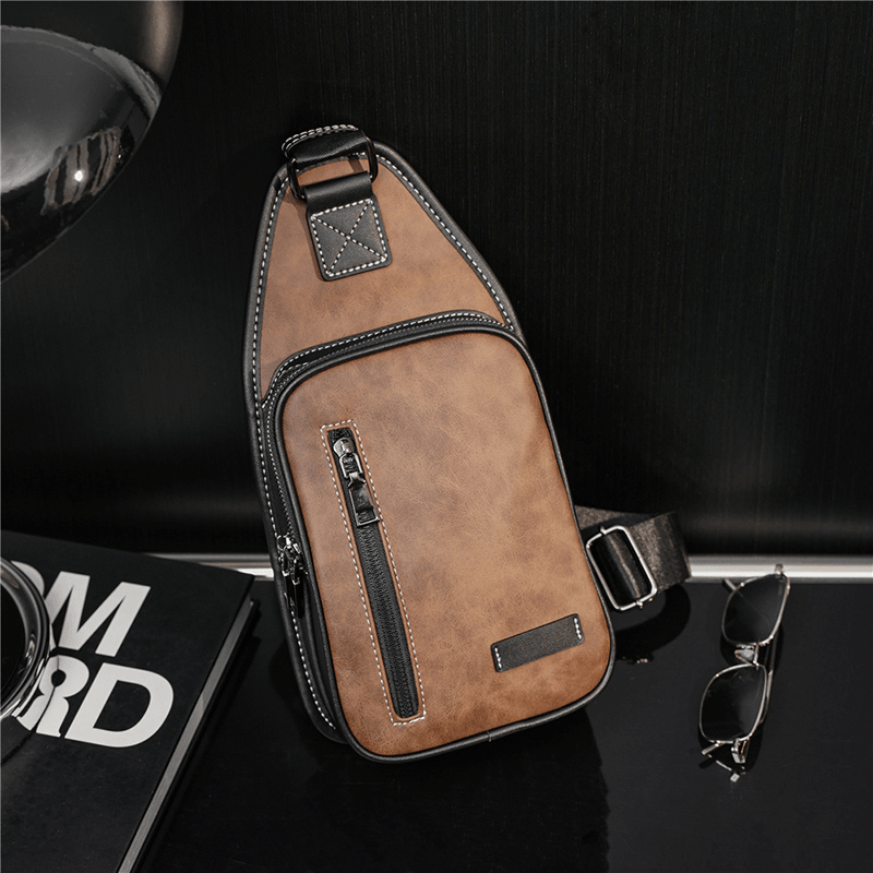 Men Retro Casual Waterproof Large Capacity Multifunction Multi-Pocket Chest Bag PU Soft Leather Crossbody Shoulder Bag - MRSLM