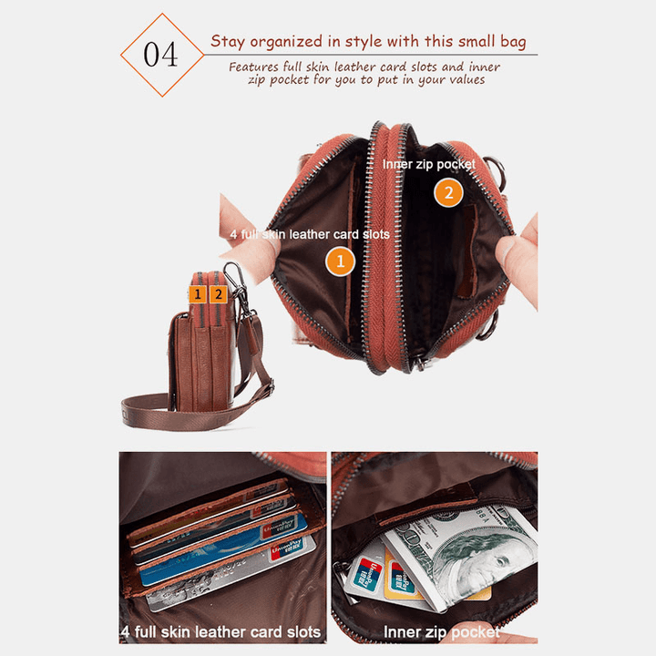 Men Genuine Leather Cowhide Multi-Carry Retro 7.2 Inch Phone Crossbody Bag Hanging Belt Bag Waist Bag - MRSLM